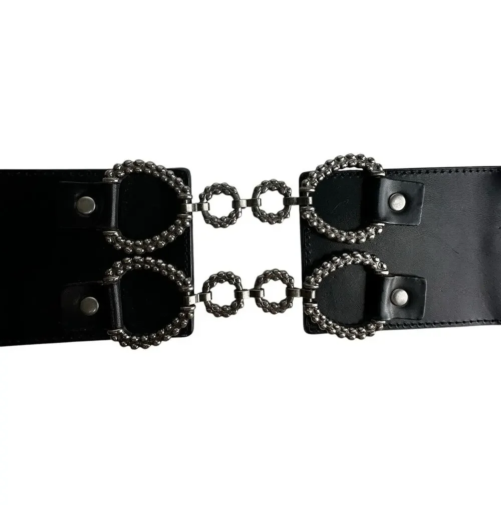 Free People Wide Black Double Ring Studded Boho Western Waist Belt Size S/M